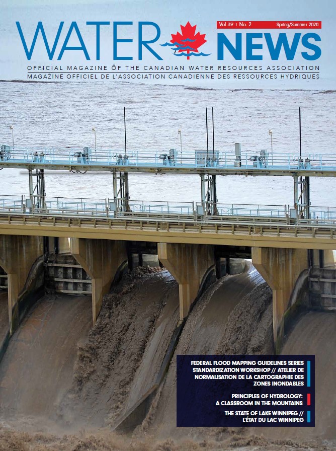 waternews2020-02 Cover of Water News May 2020 Edtion, with a photo of sedimented water flowing over a dam